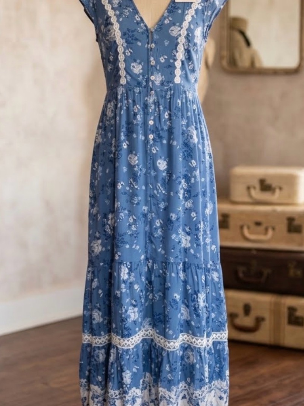 Simplee Apparel Blue Floral Maxi Dress with Lace Trim
